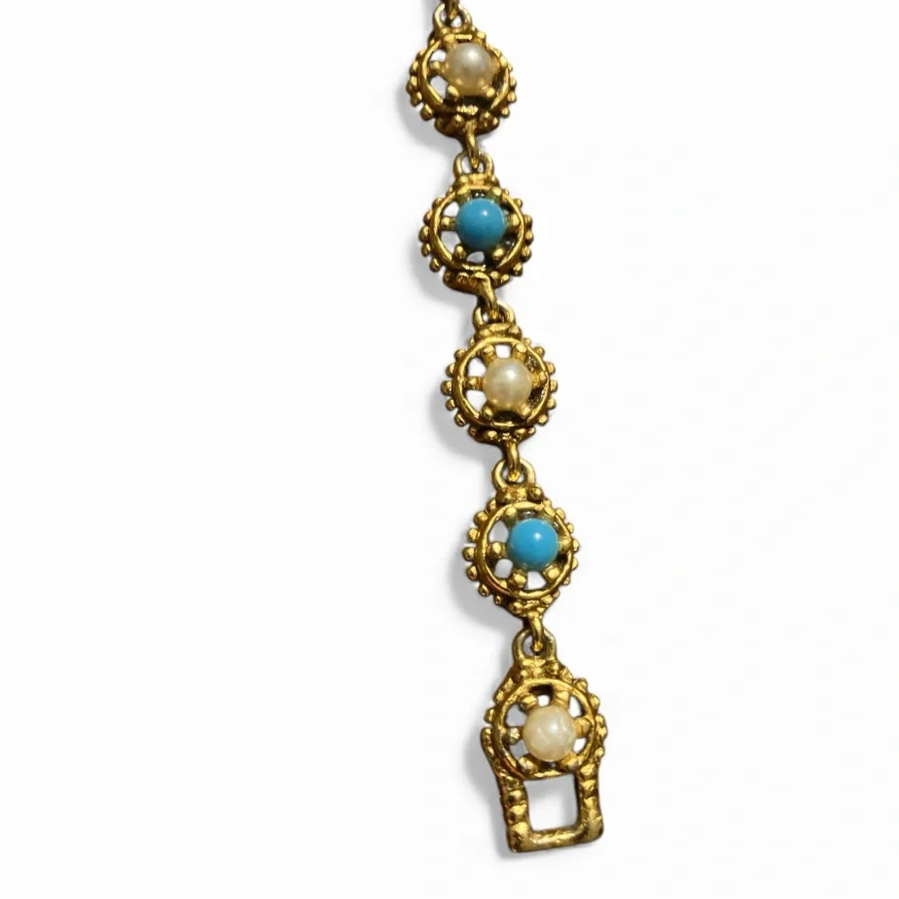 Vintage Goldette Bracelet 7” Blue Stone and Pearl Bracelet - Picture 5 of 8